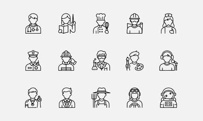 Fototapeta premium Professions line editable icon set. Containing Career people, People avatars, characters staff