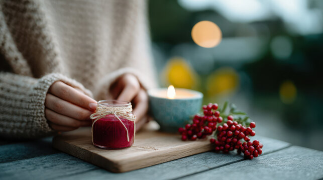 Close up of hands tying twine around a small red jar candle on a wooden board next to fir branches and a lit tealight for rustic holiday home styling and gift idea imagery