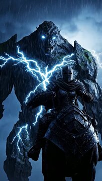 Dark fantasy knight riding horse with giant stone golem and lightning storm background, epic cinematic action scene