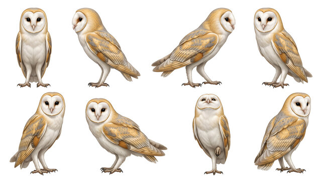 Barn Owl Collection: A detailed illustration showcases a barn owl in multiple poses, displaying its distinctive facial disc and elegant plumage.