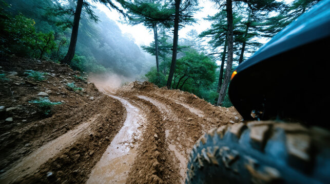 Mudslide blocking remote mountain road with offroad tire in foreground during storm for emergency response, travel advisory, road closure notices, insurance claims and infrastructure repair briefs
