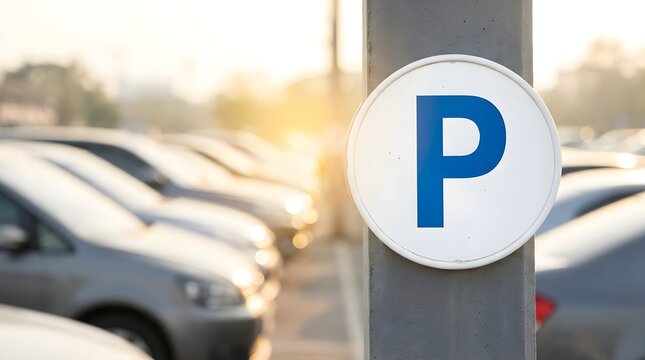 Blue letter P on white circular parking sign clearly in focus at an outdoor car lot during golden hour, with blurred vehicles lining up in the background