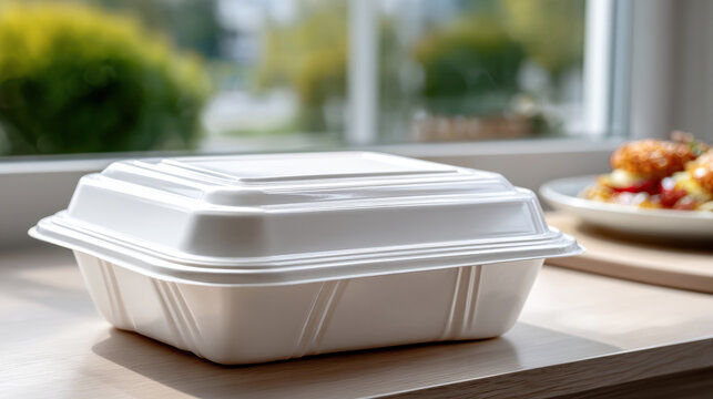 White takeout tray container on windowsill table for food delivery mockup and takeaway packaging presentation with plate in soft daylight and modern countertop scene