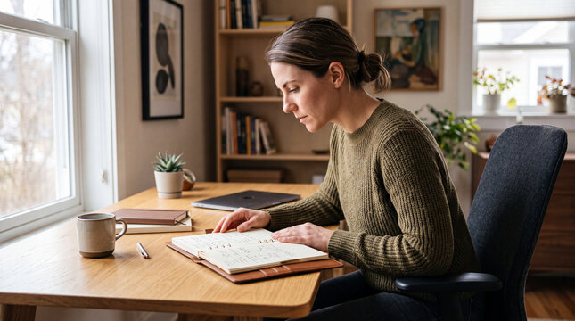 Professional leaning over an open planner at a wooden desk in quiet contemplation. Bright workspace illustrates focus, organization, planning, productivity, leadership, and thoughtful decision making.