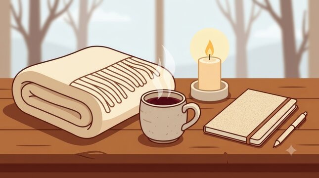 A cozy vector illustration of a relaxing in a desk and reading a book by a large window on a rainy autumn day, enjoying a hot cup of coffee in a warm, hygge-inspired indoor atmosphere.