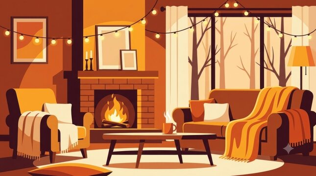 A cozy vector illustration of a relaxing room with an armchair and fire by a large window on a rainy autumn day, enjoying warm , hygge-inspired indoor atmosphere.