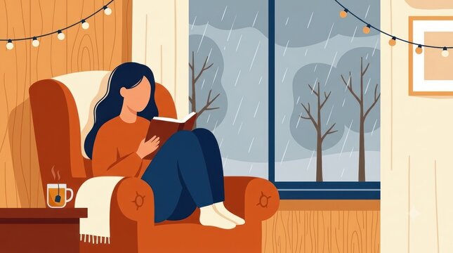 A cozy vector illustration of a woman relaxing in an armchair and reading a book by a large window on a rainy autumn day, enjoying a hot cup of tea in a warm, hygge-inspired indoor atmosphere.