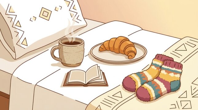 A cozy vector illustration of a relaxing in a bedroom and reading a book by a large bedroom on an autumn day, enjoying a hot cup of coffee in a warm, hygge-inspired indoor atmosphere.