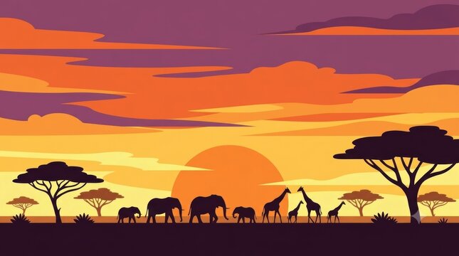 A vibrant vector landscape illustration of an African savanna at sunset, featuring dark silhouettes of elephant and giraffe families walking past acacia trees against a dramatic, glowing sky rendered 