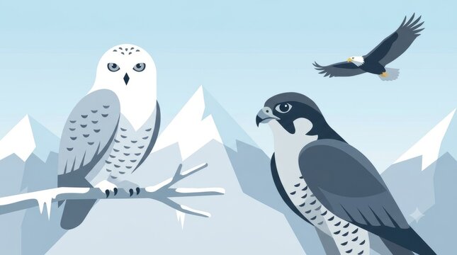 A clean flat vector illustration showcasing majestic birds of prey, featuring a perched snowy owl, a peregrine falcon, and a soaring bald eagle set against a winter landscape of snow-capped mountains.