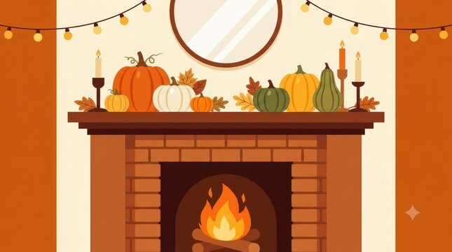 A charming vector illustration featuring an assortment of colorful autumn pumpkins, heirloom squashes, and striped gourds arranged on a wooden table of fireplace, perfect for fall harvest,Thanksgiving