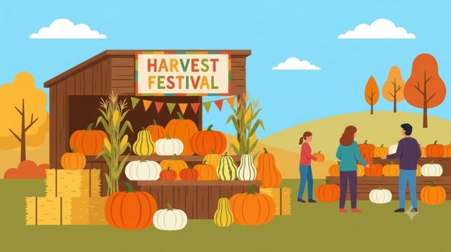 A charming vector illustration featuring an assortment of colorful autumn pumpkins on a fetival, and striped gourds arranged on a rustic wooden table, perfect for fall harvest, Thanksgiving