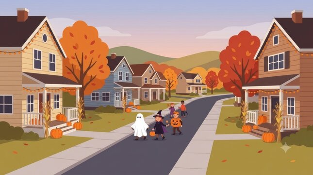 A cheerful flat vector illustration of diverse children in Halloween costumes trick-or-treating at night, searching candy at a neighborhood houses doorstep with jack-o'-lantern pumpkin