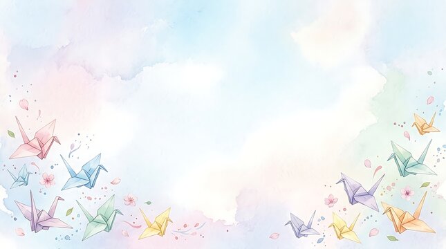 Colorful origami paper cranes flying across a soft pastel watercolor background with cherry blossom petals and central copy space for International Day of Peace celebration banner