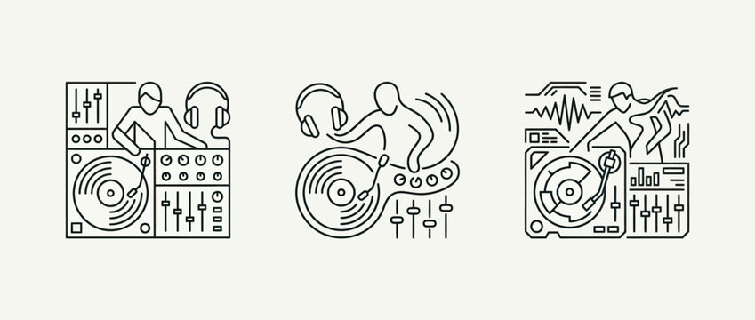 Set of three line art illustrations featuring a dj at a turntable setup and a dancer in motion