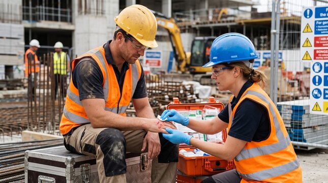 Construction Worker With a Minor Skin Graze on the Hand While Receiving First Aid From a Coworker, Protective Equipment, Safety Helmet, Reflective Vest, Industrial Background