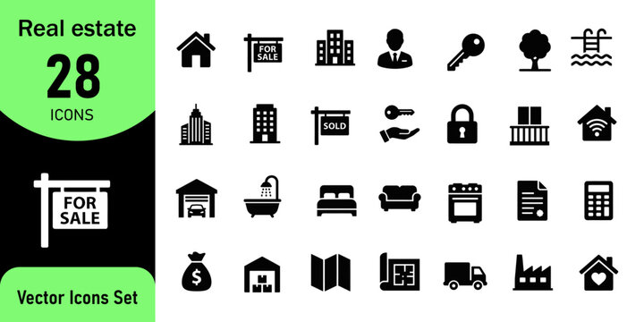 Real estate icon set property investment and home ownership graphics