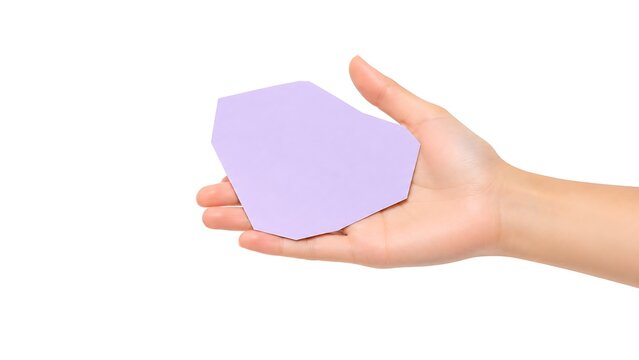 Open Hand Holding Purple Irregular Polygon Sticky Note with Premium Adhesive Memo Paper, Blank Writable Surface and Copy Space