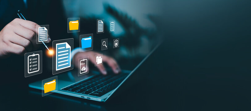 Digital document management system with virtual file icons on a laptop, showcasing secure data storage, cloud collaboration, electronic records, workflow automation, productivity, and cybersecurity.