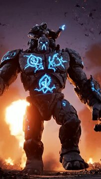 Epic fantasy golem warrior with rider walking through battlefield with glowing blue runes and fire explosions