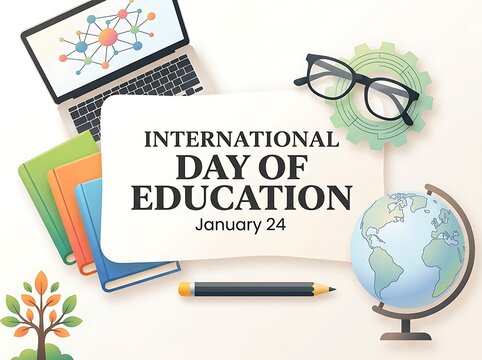 International day of education celebration with books laptop and globe illustration ready for learning