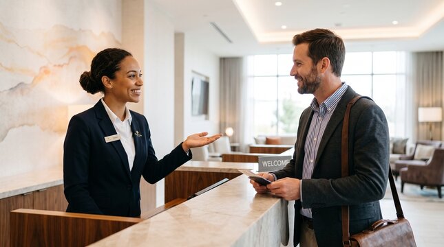 Courteous Hotel Receptionist Uses an Asking Permission Gesture Before Assisting a Guest Creating a Welcoming Hospitality Experience With Professional Service