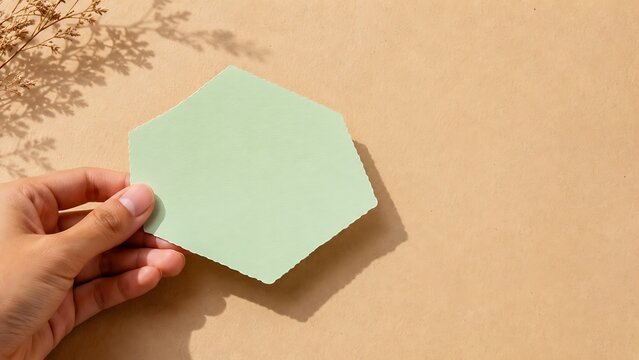 Human Hand Holding Mint Green Irregular Polygon Sticky Note on Kraft Paper Background with Blank Writable Surface and Copy Space