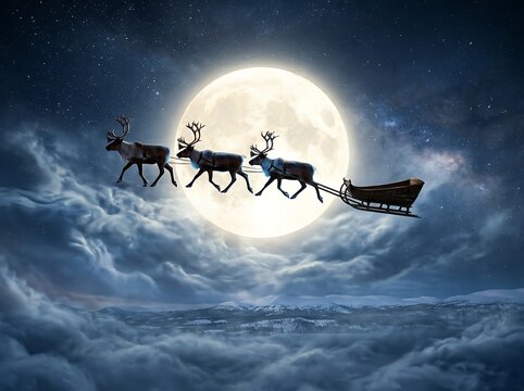 Magical night scene with reindeer flying and pulling a sleigh under a full moon over clouds