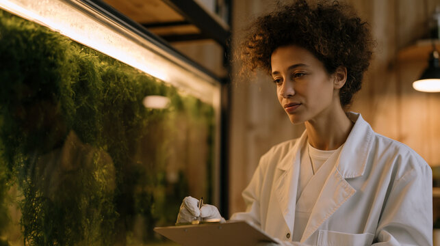 A forensic pathologist in scrubs stands under warm amber laboratory lighting beside a sealed algae cultivation tank, her gloved hands on a clipboard as she logs protein yield data
