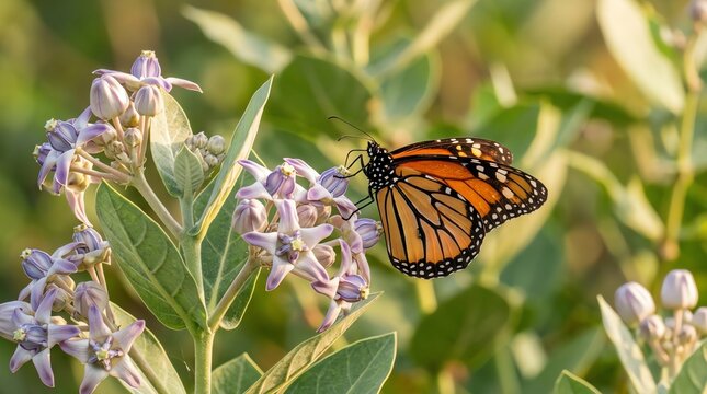 Vibrant monarch butterfly resting on delicate purple calotropis gigantea flowers during a warm sunny afternoon in the natural wild garden