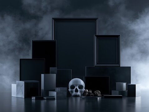 still life with skull, cubes, and picture frames in dark smoky atmosphere