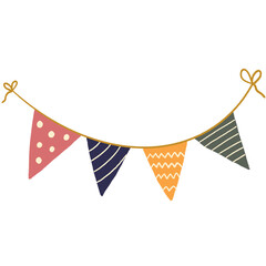 Fototapeta premium Illustration of colorful hand-drawn bunting flags with patterns on string, festive decoration style for party invites, celebration posters, and event design elements.