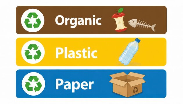 Recycling waste sorting signs. Labels for organic, plastic and paper garbage separation.