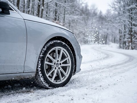 Modern car driving on a snowy winter road with snowcovered wheels and trees around