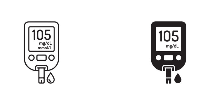 Medical glucose meter icons showing blood sugar level readings of one hundred five milligrams per deciliter isolated on transparent background