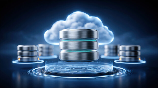 Cloud storage server stack with glowing data center hub and futuristic disk arrays in dark blue cyber environment