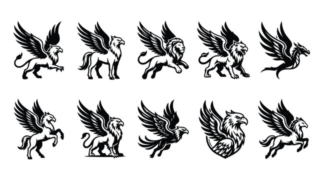 Mythological creature icons set, 10 winged griffin and pegasus vector illustrations, black and white heraldic beast mascots for logos