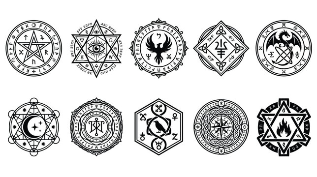 Occult alchemy symbols and mystical sigils set, 10 esoteric magic circle icons, sacred geometry and witchcraft emblems for tarot and astrology