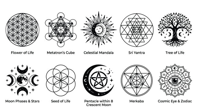 Sacred geometry symbols set, 10 celestial mandala and mystical icons vector, black spiritual line art for esoteric branding and occult design
