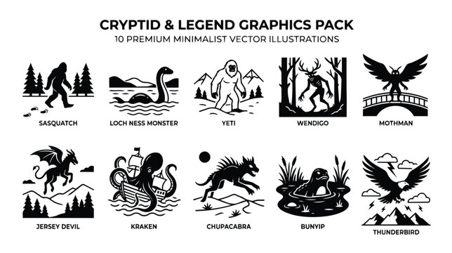 Cryptid and legend graphics pack, 10 premium minimalist vector illustrations of mythical creatures, black and white folklore monster icons set