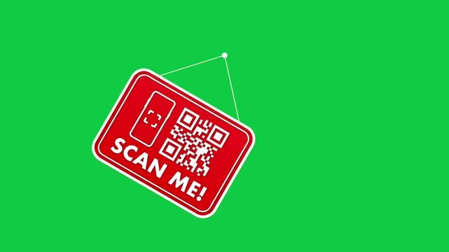 Animated Red Hanging QR Code Scan Me Sign on Green Screen Background for Retail Promotions, Digital Marketing, Mobile Payment, Store Advertising, Social Media, Website Intro, and Video Editing
