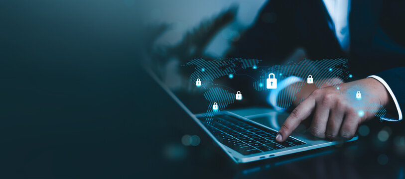 Global cybersecurity concept featuring a laptop with digital world map, encrypted network connections, data protection, secure access, cloud security, cyber defense, enterprise information security.