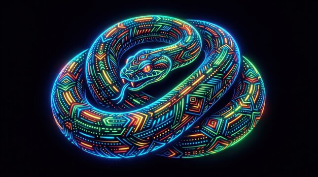 Neon glowing snake with digital circuit patterns. Cybernetic serpent art on black background.