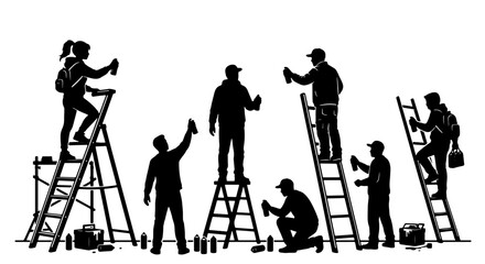Graffiti Artists Spray Painting Silhouettes, Urban Art Creation, Street Art Crew, Creative Expression, Diverse Group, Vector Illustration © Kabir
