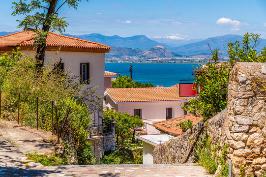 A view down the steps from the Acronauplia, fortress in Nafplio in Greece in early summertime