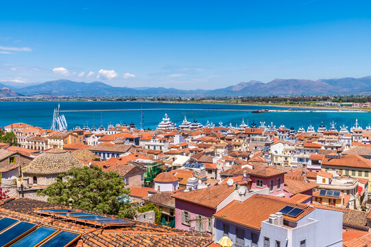 A view from the Acronauplia, fortress across the bay in Nafplio in Greece in early summertime
