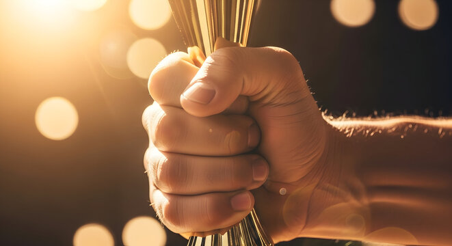Close-Up Of A Strong Hand Grasping Wheat Stalks Against A Warm Bokeh Background With Soft Sunlight Enhancing The Atmosphere Of Hope And Abundance