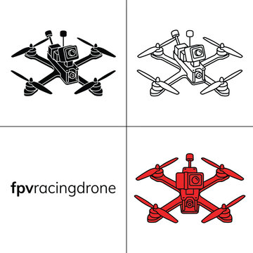 Fpv racing drone icons set with silhouette outline and colored version on grid background.