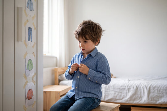 Child Practicing Dressing Skills With Visual Routine Cards
