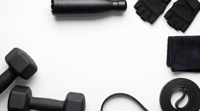 黒で統一されたダンベルとトレーニング用具のセット ｜ 上からの構図